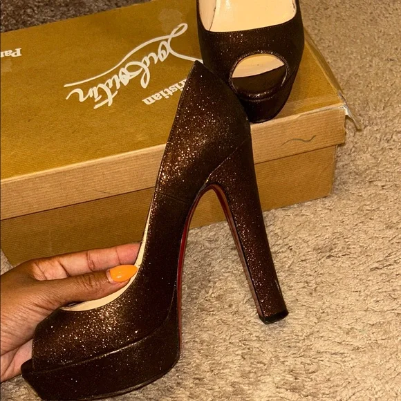Christian Louboutin Glittery Brown Peep-Toe Heels - Picture 4 of 7